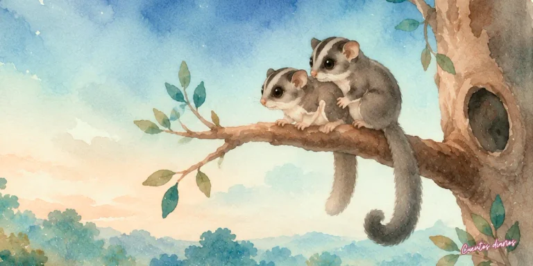 Dibujo en acuarela de Sugar y Spice, dos petauros del azúcar, descansan juntos sobre una rama junto al hueco de un árbol en un bosque australiano.