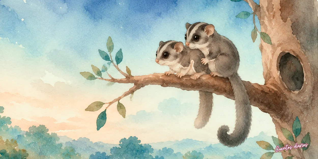 Dibujo en acuarela de Sugar y Spice, dos petauros del azúcar, descansan juntos sobre una rama junto al hueco de un árbol en un bosque australiano.