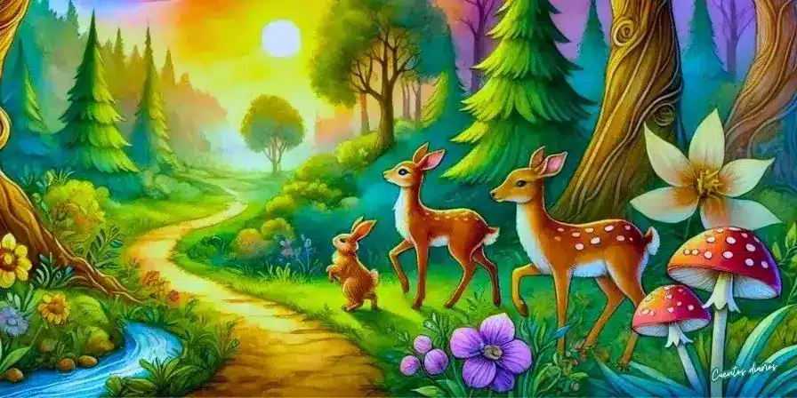 Dibujo infantil de estilo cuento con ciervos, conejo y bosque colorido al amanecer, ideal para cuentos largos para dormir.