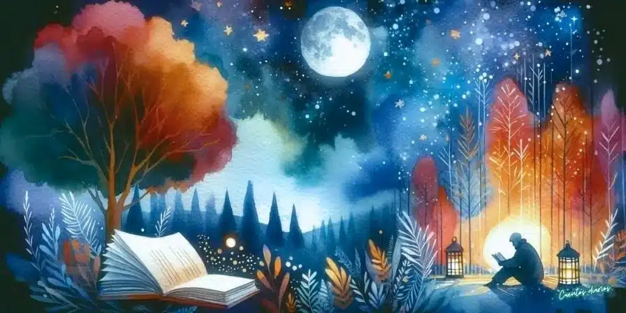 Dibujo en acuarela de una persona leyendo bajo la luna llena, rodeada de árboles y faroles, representando cuentos largos para dormir para jóvenes y adultos en cuentosdiarios.com.