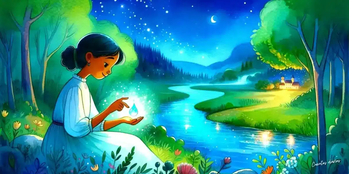 Dibujo de una niña llamada Marina y el hada Ondina en un lago mágico, ilustración del cuento sobre el agua y la importancia de protegerla.