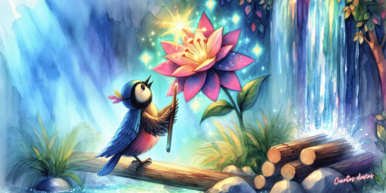 Dibujo en acuarela de un pájaro carpintero junto a una flor mágica luminosa bajo una cascada encantada en el bosque.