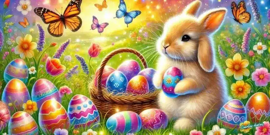 Dibujo de un conejito entre huevos de Pascua en un campo florido rodeado de mariposas.