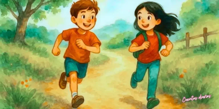 Dibujo en acuarela de un niño y una niña corriendo por un camino rural rodeado de árboles y flores, en un entorno natural soleado.