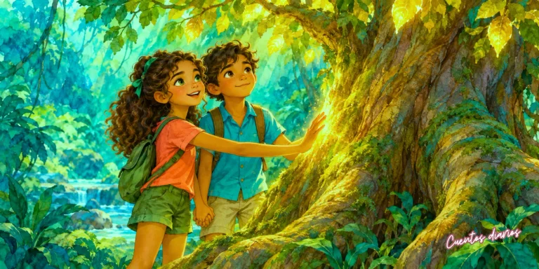 Mariana y Javier ante el árbol de los deseos, con su copa dorada rodeada de vegetación selvática.
