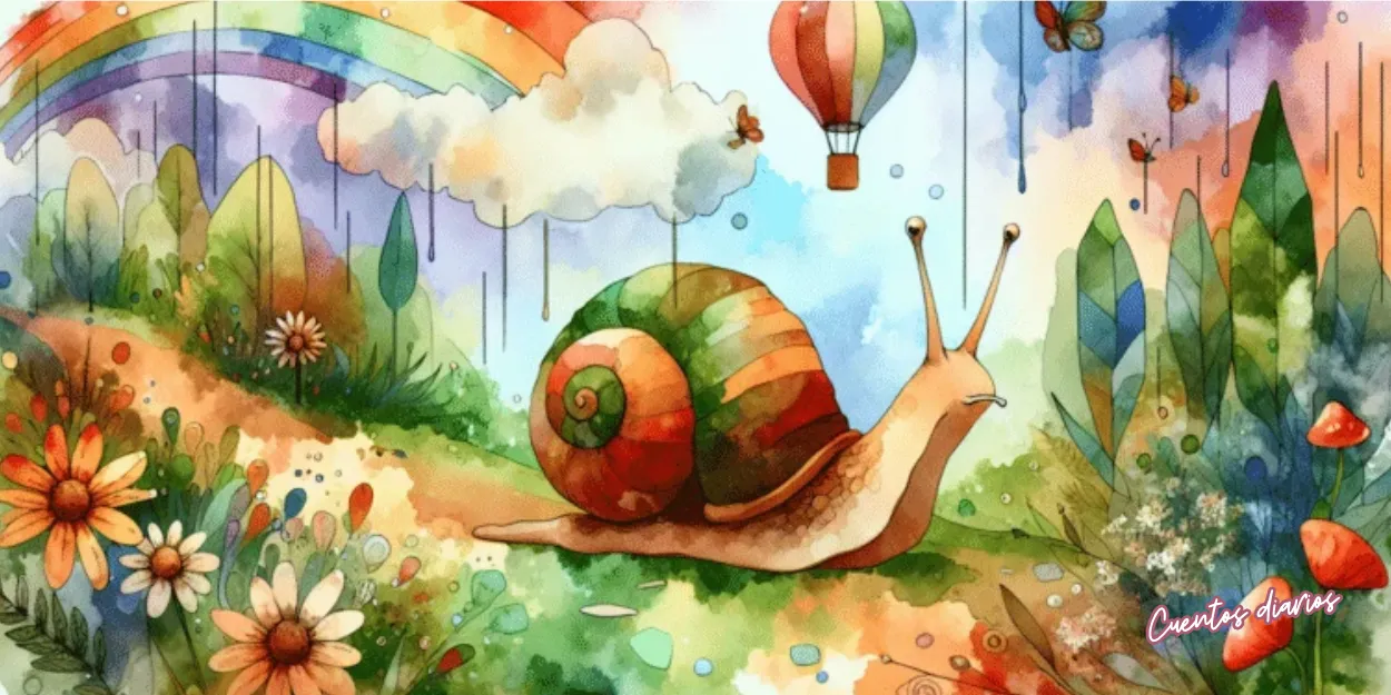 Alejandro, el caracol del cuento El caracol y la rosa, recorre el colorido Jardín de la Vida entre flores y un arcoíris.