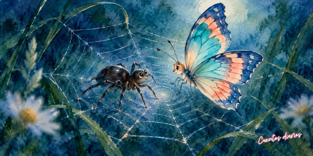 Alma, una araña negra, conversa con Lydia, una mariposa de alas multicolores, sobre una telaraña en el prado de los sueños.