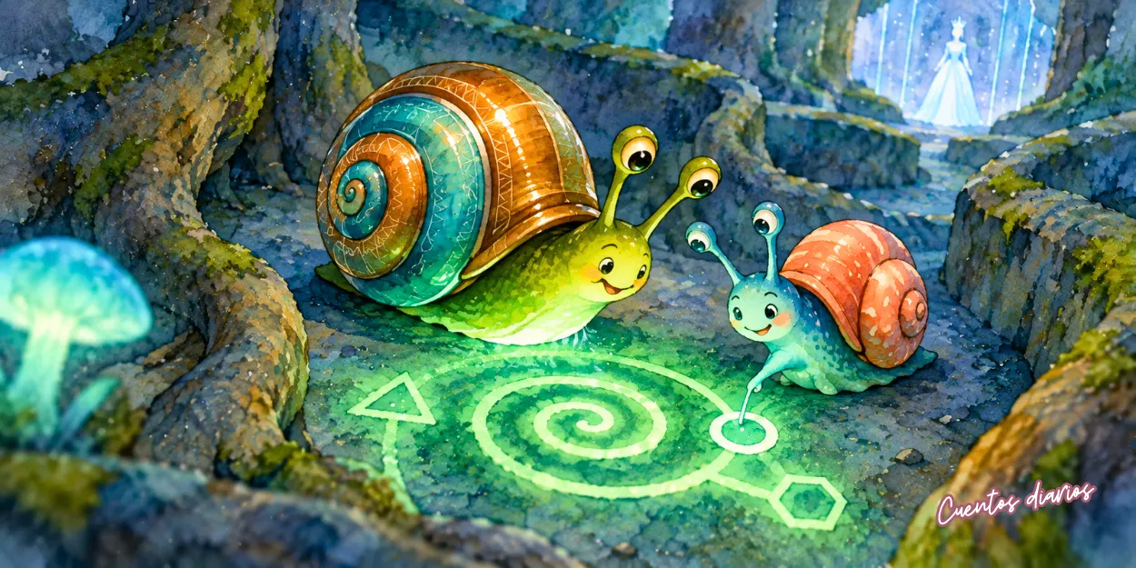 Tomás y Clara, dos caracoles, resuelven un acertijo de geometría mágica para descubrir el secreto de la concha de espiral.