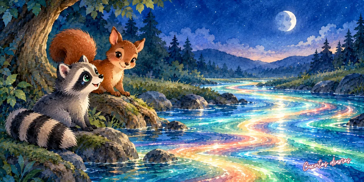Dante, el mapache, y Mariela, la ardilla, contemplan un río mágico de luces danzantes bajo la luna en el bosque.