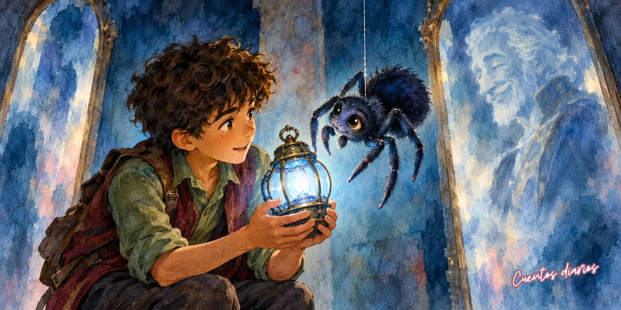 Diego y la araña Sofía descubren el Faro Eclipsado en el misterioso Castillo de las Sombras Danzantes.