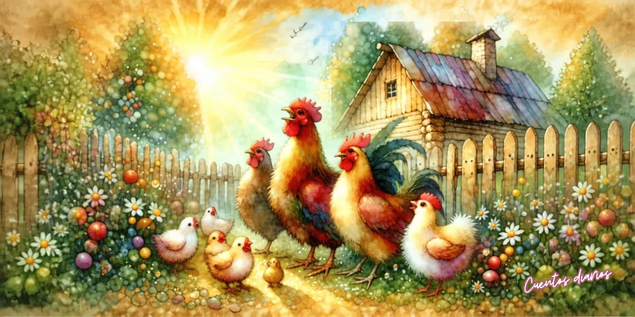 Matilde, la gallina dorada, junto a otras gallinas y pollitos en el jardín de las flores parlantes durante una luminosa mañana de primavera.
