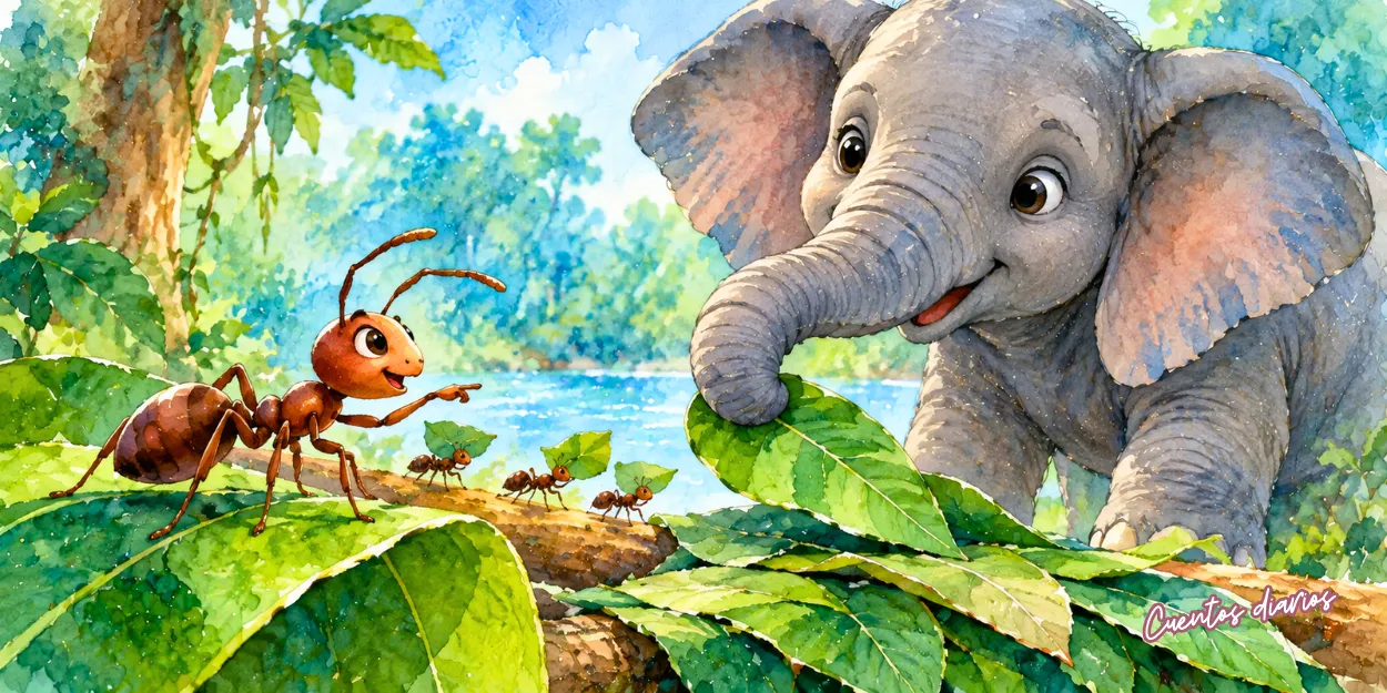 La hormiga Lucía y el elefante Pancho colaboran transportando hojas en la selva.
