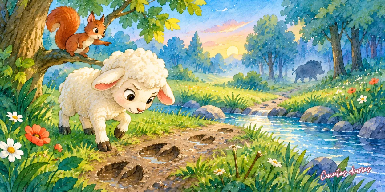Sofía, la oveja detective, siguiendo huellas de un jabalí junto al arroyo mientras una ardilla señala las pistas.