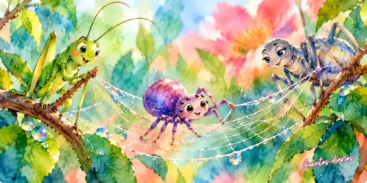 Clara, la pequeña araña violeta, teje una gran telaraña con la ayuda de Antonio el saltamontes y Margarita en el jardín encantado.