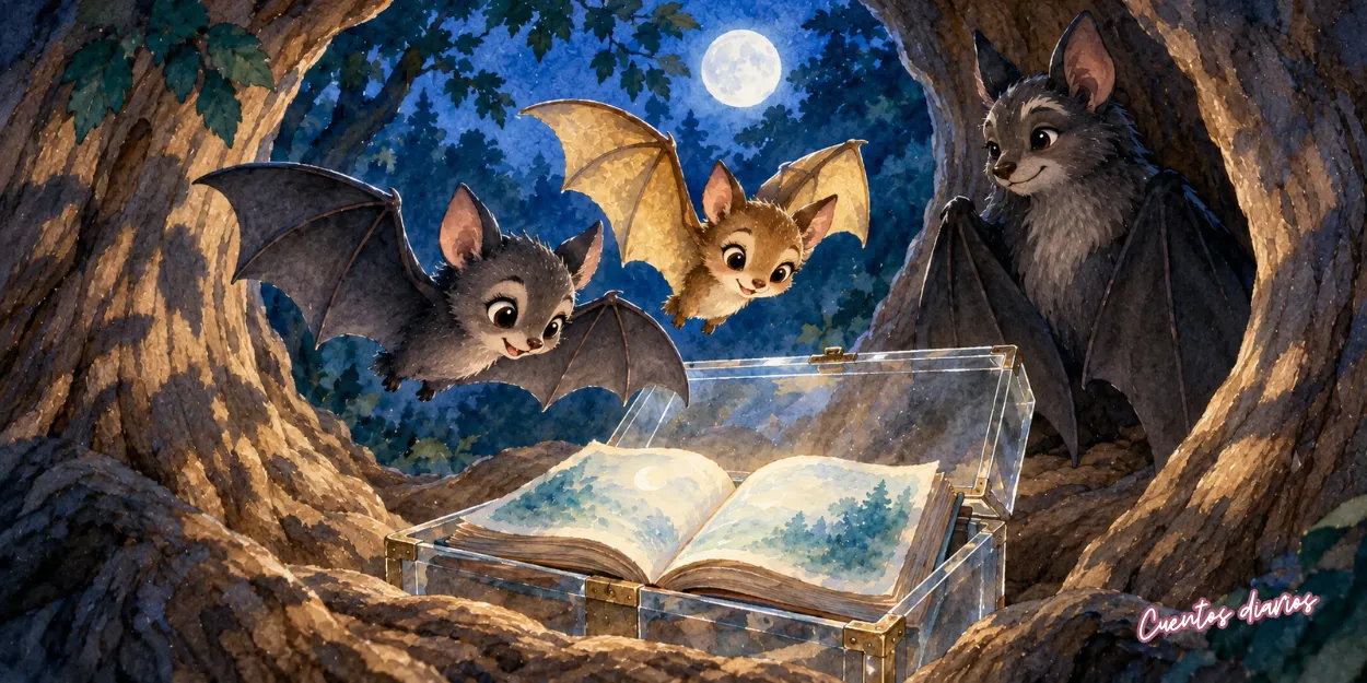 Alejandro y Clara, dos murciélagos, descubren un libro ancestral dentro de un cofre de cristal en el Bosque de las Sombras Danzantes.