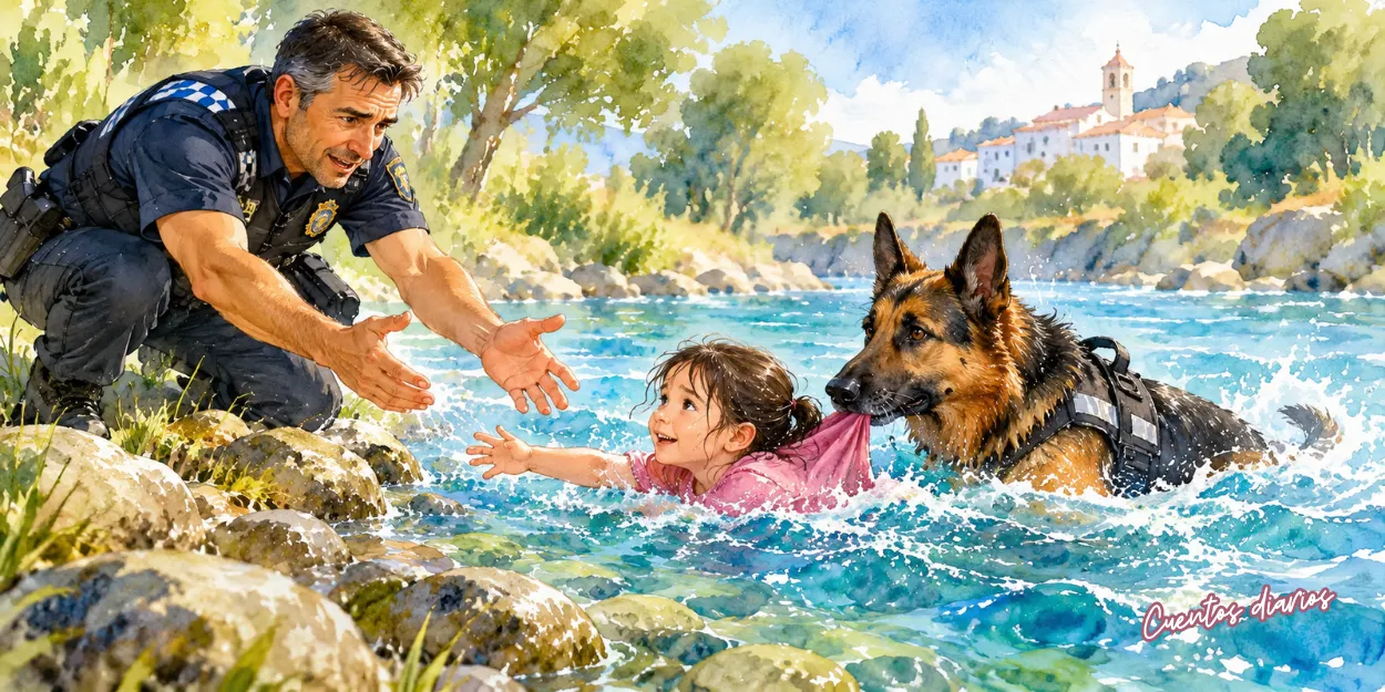 Thor, un perro policía pastor alemán, rescata a una niña del río mientras el oficial Javier la espera en la orilla.