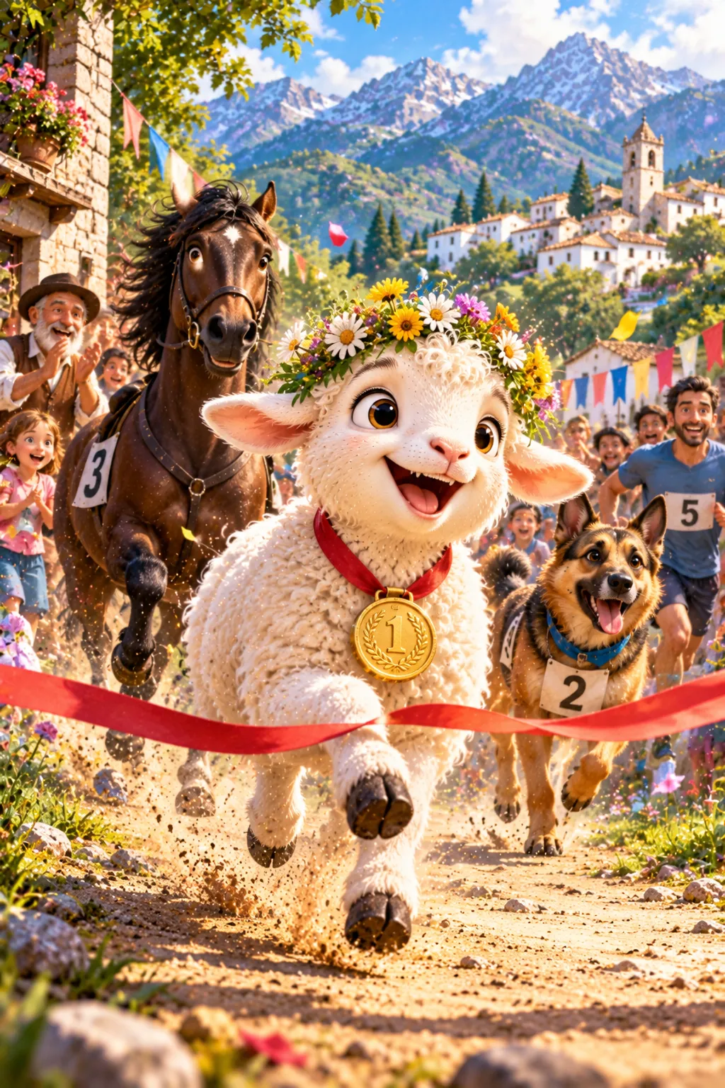 Luna gana la maratón y cruza la meta con una medalla de oro mientras un caballo, un perro y varios corredores llegan detrás.