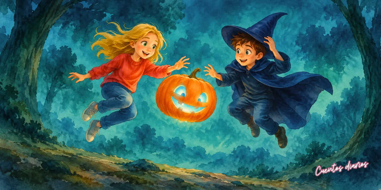 Marina y Andrés saltan alrededor de una calabaza de Halloween que ha cobrado vida en un bosque encantado.