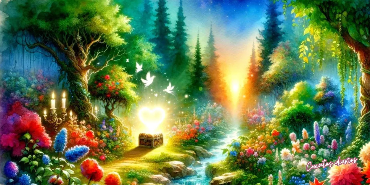 Cofre mágico con un corazón luminoso en un bosque encantado de Valledulce, símbolo del amor de Clara y Diego.