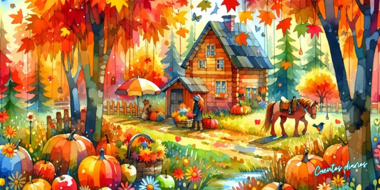 Paisaje otoñal con una cabaña de madera, calabazas, flores y un caballo junto a un sendero del bosque.