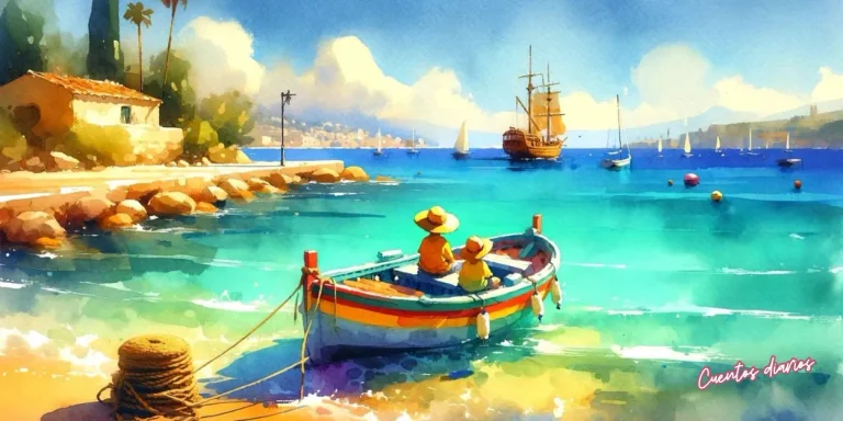 Ilustración de un cuento infantil de verano con dos niños en una barca frente a un barco pirata en la costa mediterránea.
