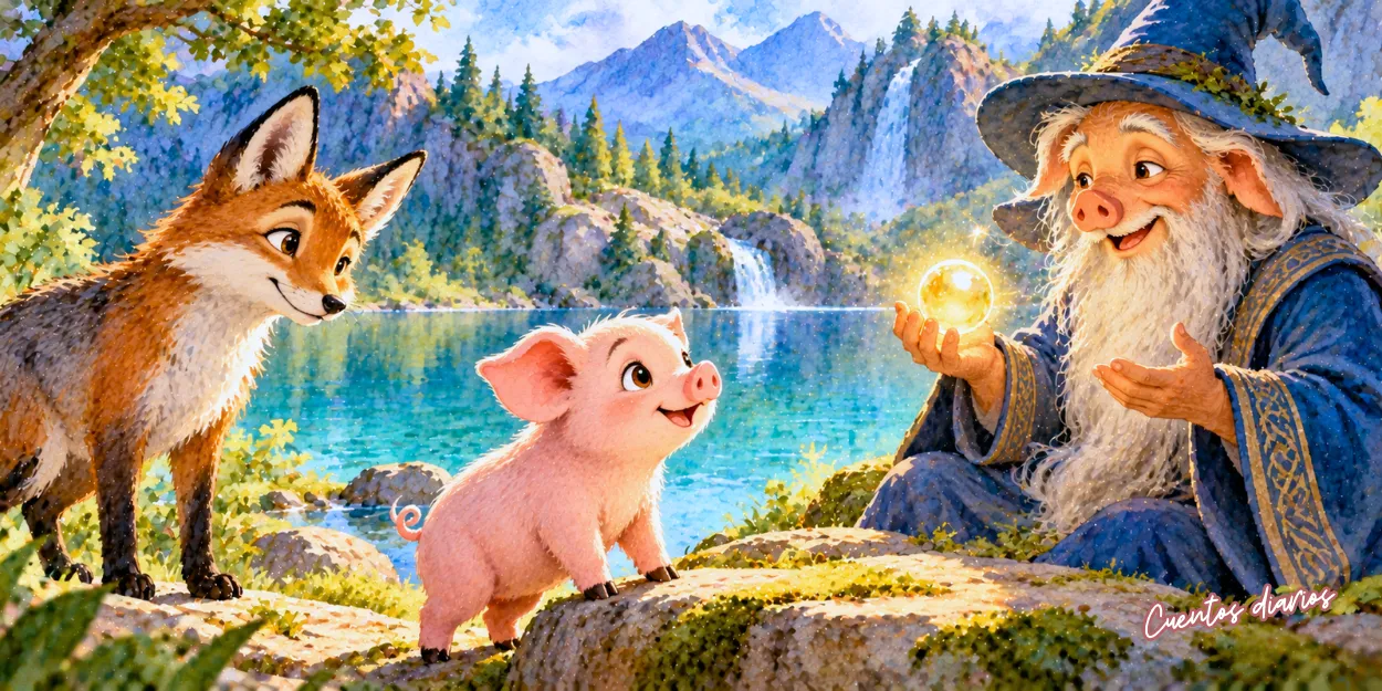 Paco, el cerdito aventurero, conoce al hechicero Aquiles junto al lago cristalino acompañado por el zorro Bernardo.