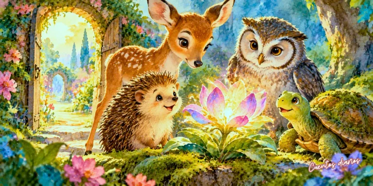 Emilio el erizo, Clara la cierva, Alfredo el búho y Ana la tortuga contemplan juntos la Flor de los Deseos en el jardín secreto.
