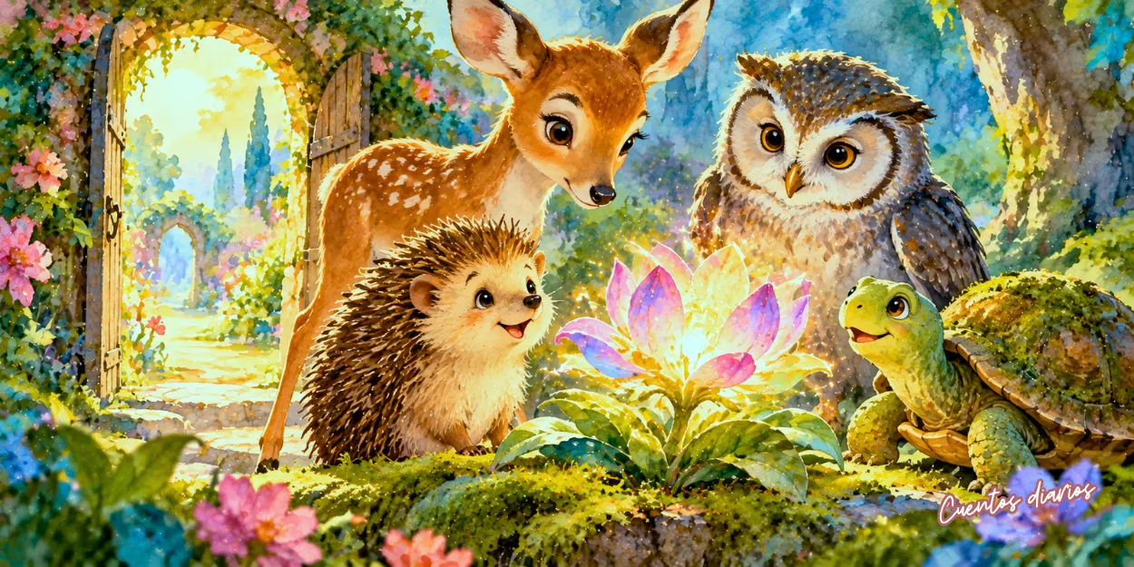 Emilio el erizo, Clara la cierva, Alfredo el búho y Ana la tortuga contemplan juntos la Flor de los Deseos en el jardín secreto.