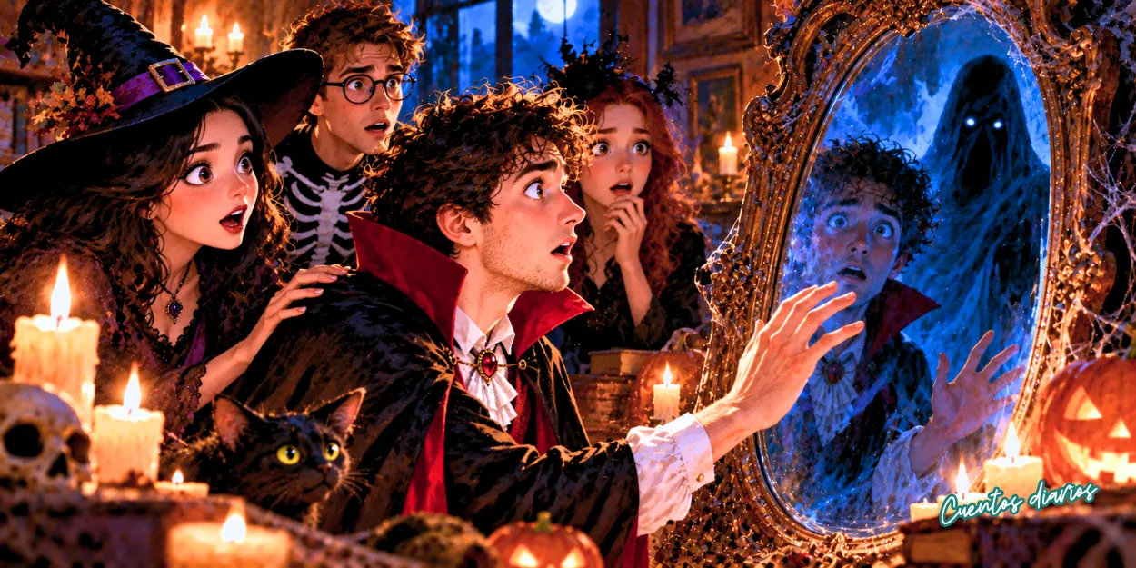 Raúl, disfrazado de vampiro, descubre una presencia fantasmal en un espejo antiguo durante una fiesta de Halloween con sus amigos.