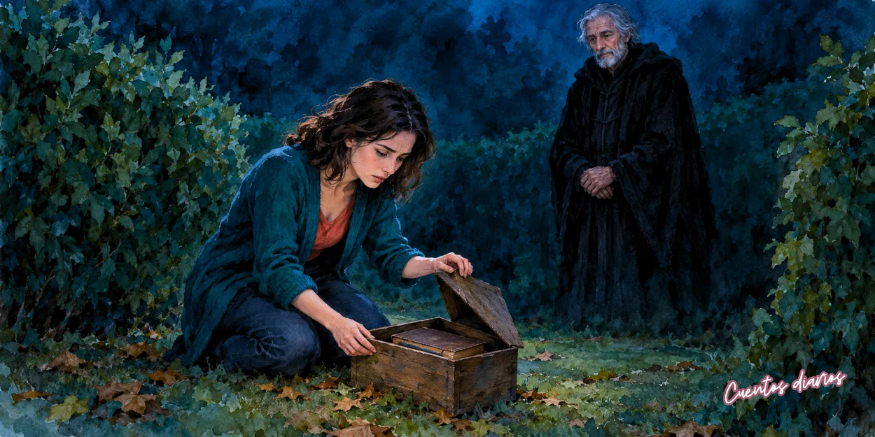 Lucía, su abuela y dos amigos observan una figura fantasmal en un jardín iluminado por calabazas durante la noche de Halloween.