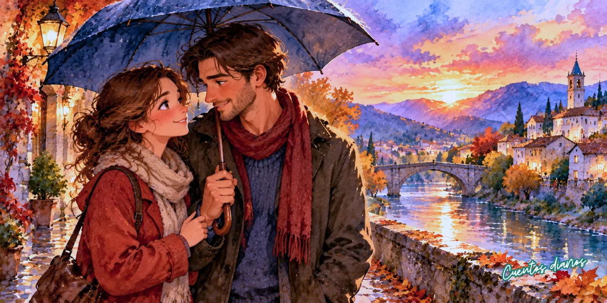 Lucía y Esteban caminan juntos bajo un paraguas junto al río en un pueblo de otoño al atardecer.