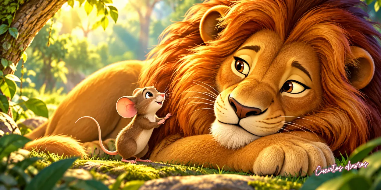 Dibujo del León y el Ratón conversando en la selva.