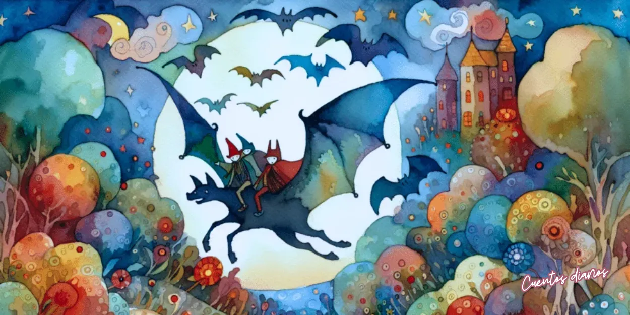 Dos personajes montados en un murciélago gigante sobrevuelan un bosque mágico bajo la luna, con otros murciélagos y un castillo al fondo.