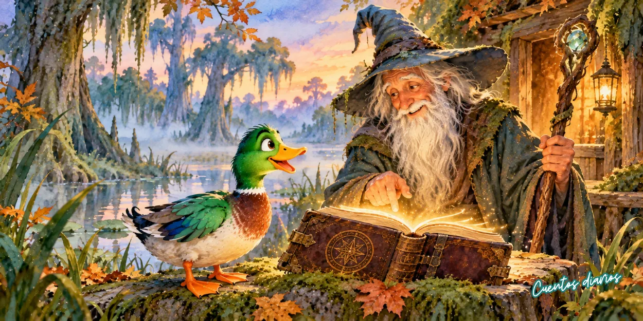 El pato Gonzalo junto al mago Baltasar y el libro de los hechizos perdidos en un pantano mágico.