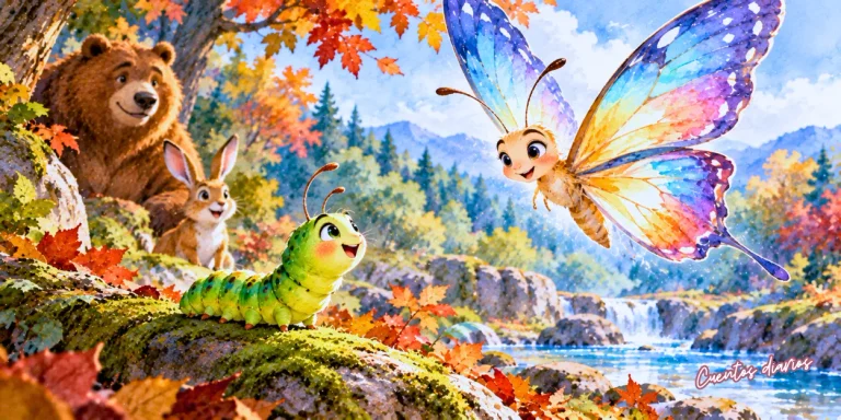 La oruga Lila contempla una mariposa de alas multicolores junto a un conejo y un oso en un bosque de otoño.