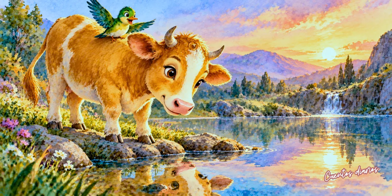 Dorotea, la vaca dorada, contempla su reflejo en el Lago de los Reflejos acompañada por su amiga Pepa.