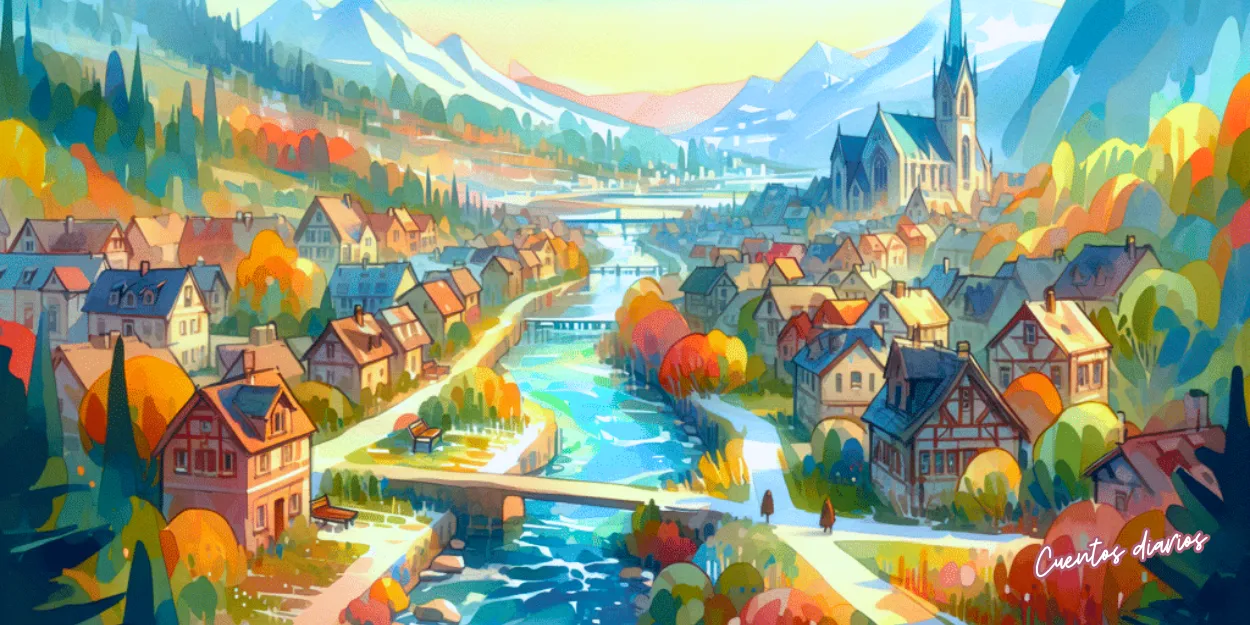 Paisaje futurista de Utopía, escenario del cuento Hugo y el cristal misterioso, con montañas, río y ciudad entre la naturaleza.