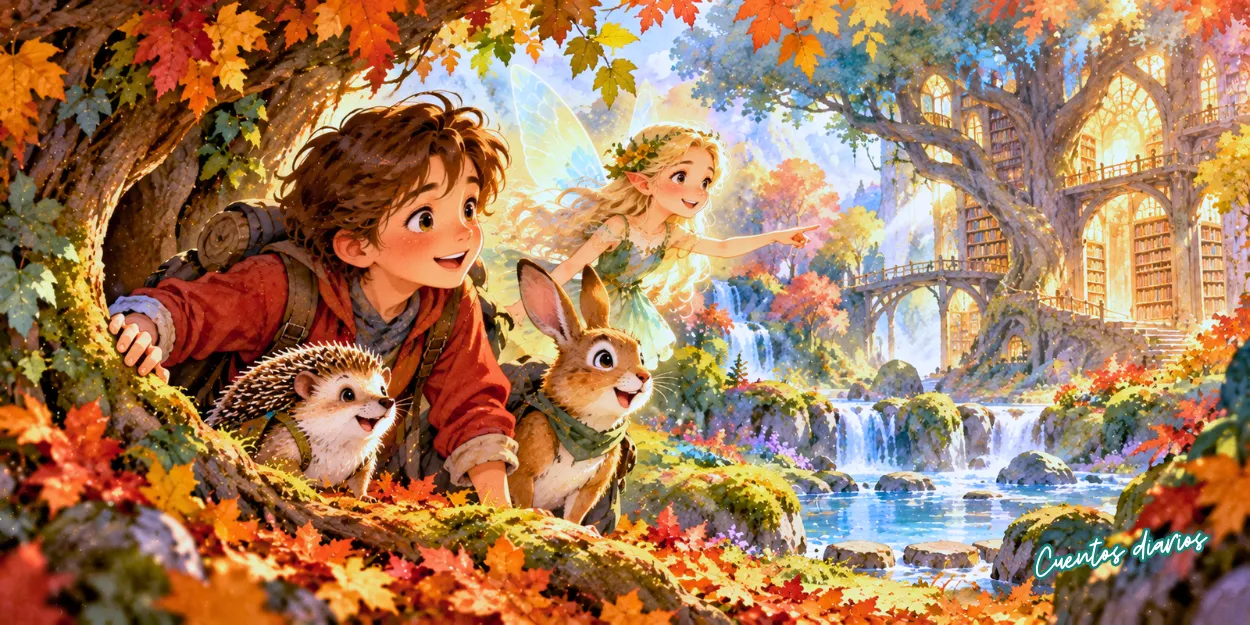 Lucas, un erizo, un conejo y el hada Aurora descubren una biblioteca mágica escondida en un bosque de otoño.