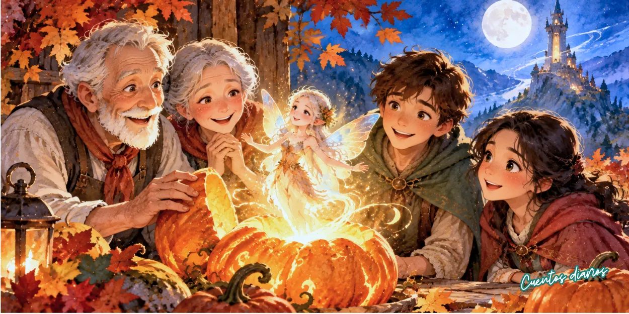 El hada Elora surge de una calabaza mágica ante Don Mauricio, Doña Carmen, Javier y Blanca en un bosque de otoño.