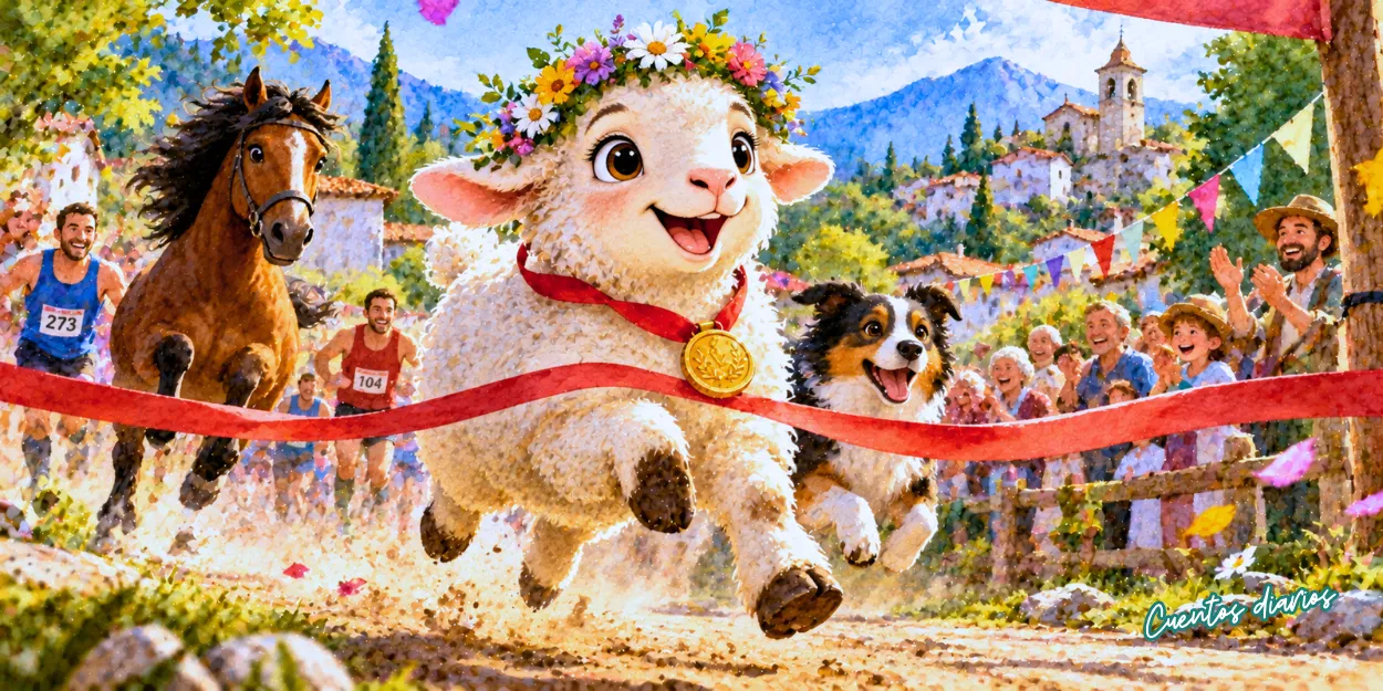 Luna, la oveja blanca, gana una maratón por delante de un caballo y un perro ante los aplausos del público.
