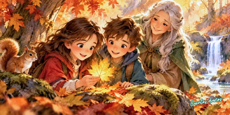 Ana y Pedro descubren una hoja dorada junto a la guardiana de un bosque encantado cubierto de colores de otoño.