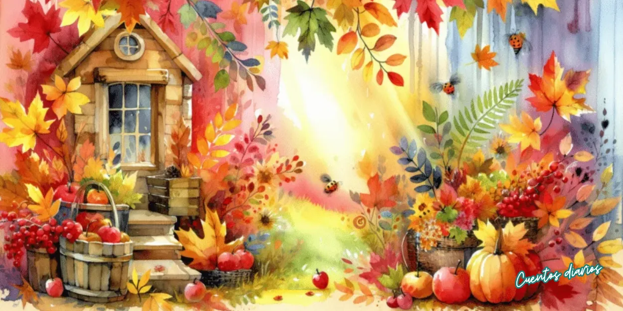 Paisaje otoñal con una pequeña cabaña de madera, calabazas, manzanas, hojas de colores y mariquitas entre la vegetación.
