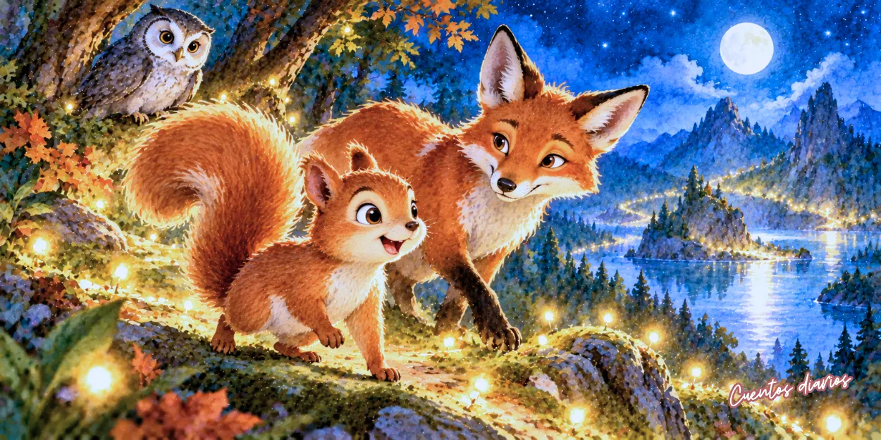 Leonardo, la ardilla, avanza junto a Martina la zorra y Emilio el búho por un bosque mágico iluminado por luceros y hadas.