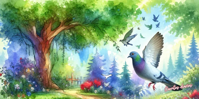 Paloma volando sobre un bosque mágico lleno de árboles, flores y aves en el cuento El bosque y la paloma.