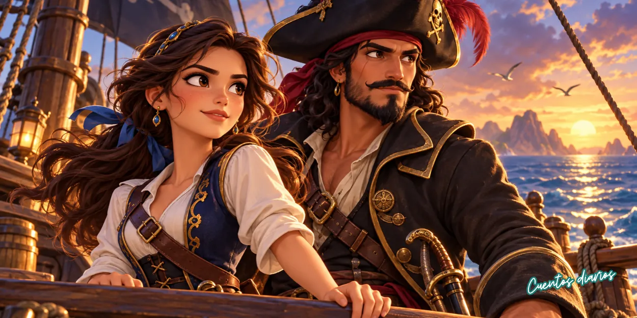 La princesa Luna y el pirata Garfio navegando juntos en un barco al atardecer.
