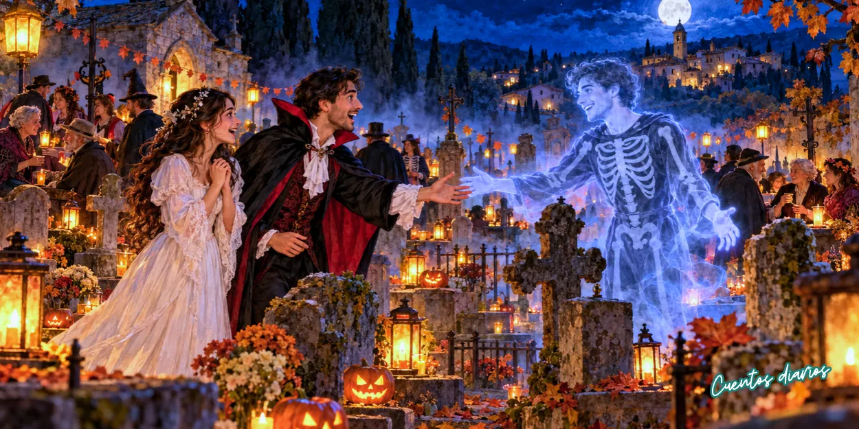 Mateo y Carla se encuentran con el fantasma de Martín durante una fiesta de Halloween en el cementerio.