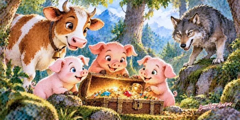 La vaca Laura y el cerdito Paco encuentran un cofre del tesoro junto a sus amigos en el bosque.