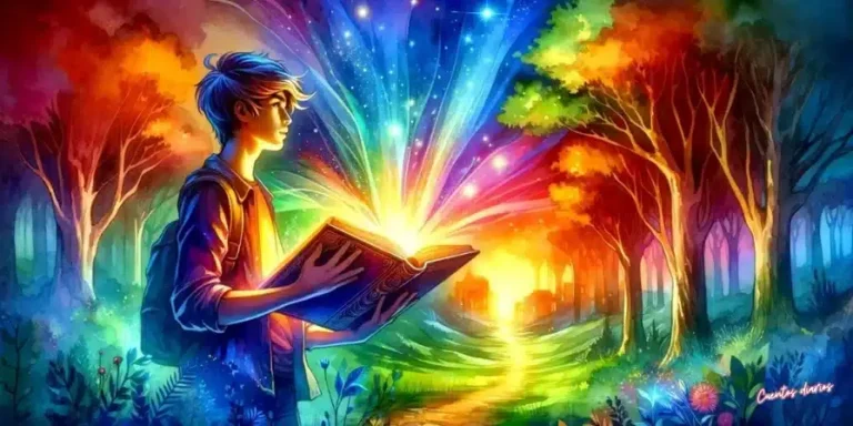 Gabriel sostiene un libro mágico que ilumina el bosque y abre el camino hacia un mundo de fantasía.