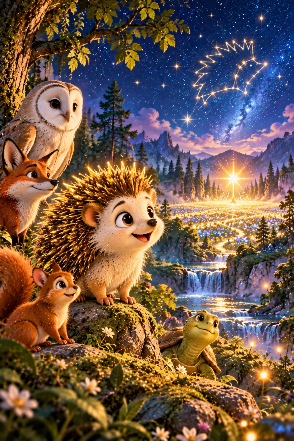 Elio y los animales del bosque contemplan el Prado de las Estrellas bajo la constelación del Erizo Dorado.